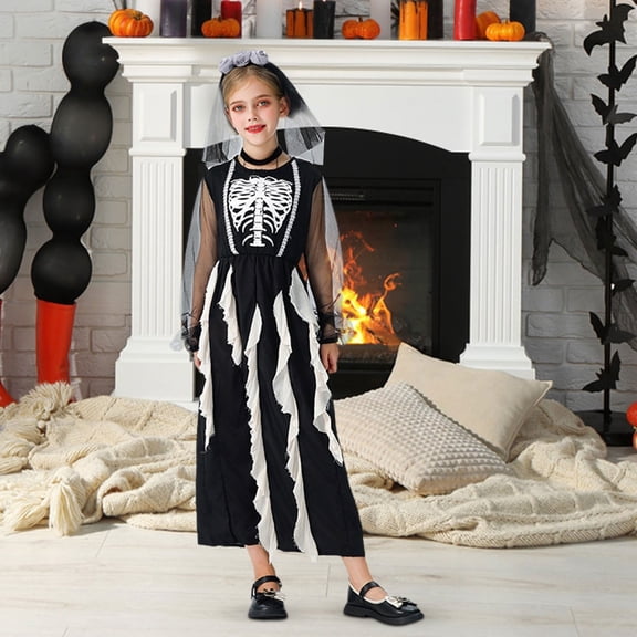EnJoCho Girls Skeleton Bride Dress - 2-Piece Halloween Outfit Set for Spoo𝗄y Cos-play & Dress-Up Parties