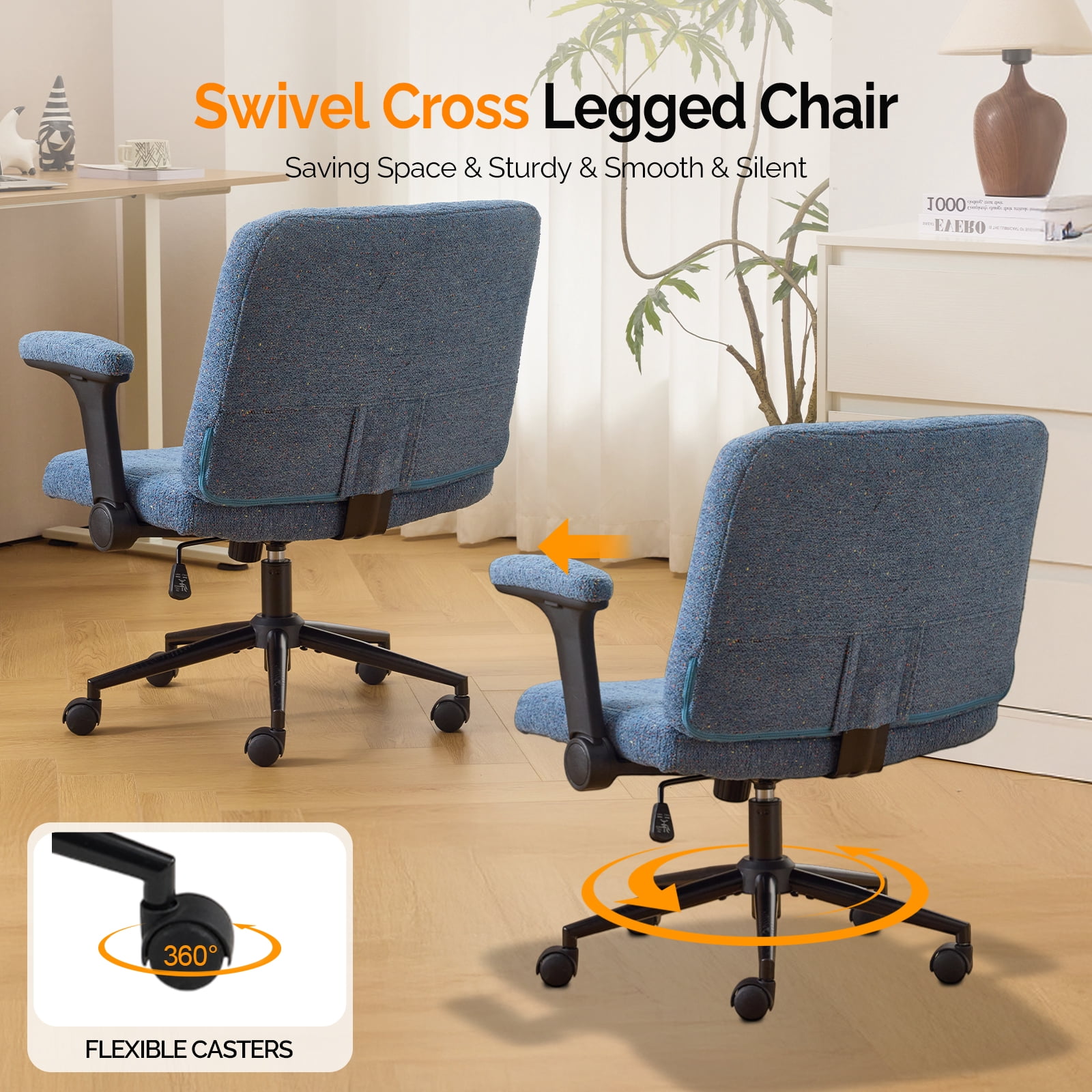 Ktaxon Office Chair, Flip-Top Armrest Desk Chair on Metal Star Base, Starry Chenille Vanity Chair with Adjustable Height & Swivel Wheels Blue