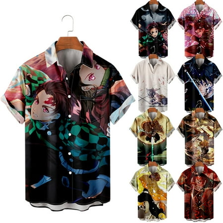 

MLFU Demon Slayer Unisex Shirt Short Sleeve Button Down Regular Fit Collared Tee Shirts Funky Clothes For Men Youth
