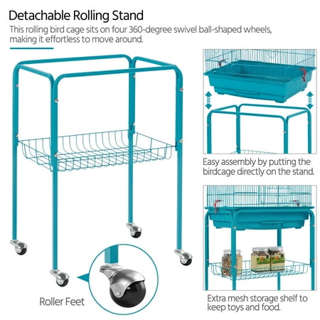 Topeakmart 64''H Open Top Metal Birdcage Rolling Parrot Cage with Detachable Stand, Teal Blue