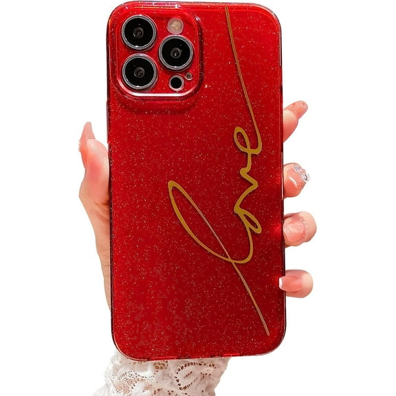 Compatible with iPhone 14 Pro Max Case Cute, Glitter Bling Plating Letter Love Pattern Phone Case for iPhone 14 Pro Max 6.7'' Camera Protective Back Cover for Women Girl-Red
