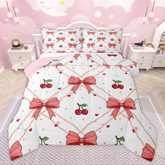 Homewish Kawaii Red Ribbon Bedding Comforter Set for Teen, Cartoon Cherry Fruit Twin Comforter Sets, Love Heart Reversible Bedding Set, Ultra Soft Bedroom Decor, 2-Piece