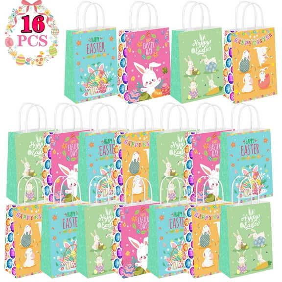 16 Pcs Easter Gift Paper Bags Happy Easter Party Favor Bags With Handles Treat Bags Candy Snacks Gift Packaging Bunny Egg Gift Bag Goodie Gift Wrapping for Easter Baskets Egg Hunts Party Supplies
