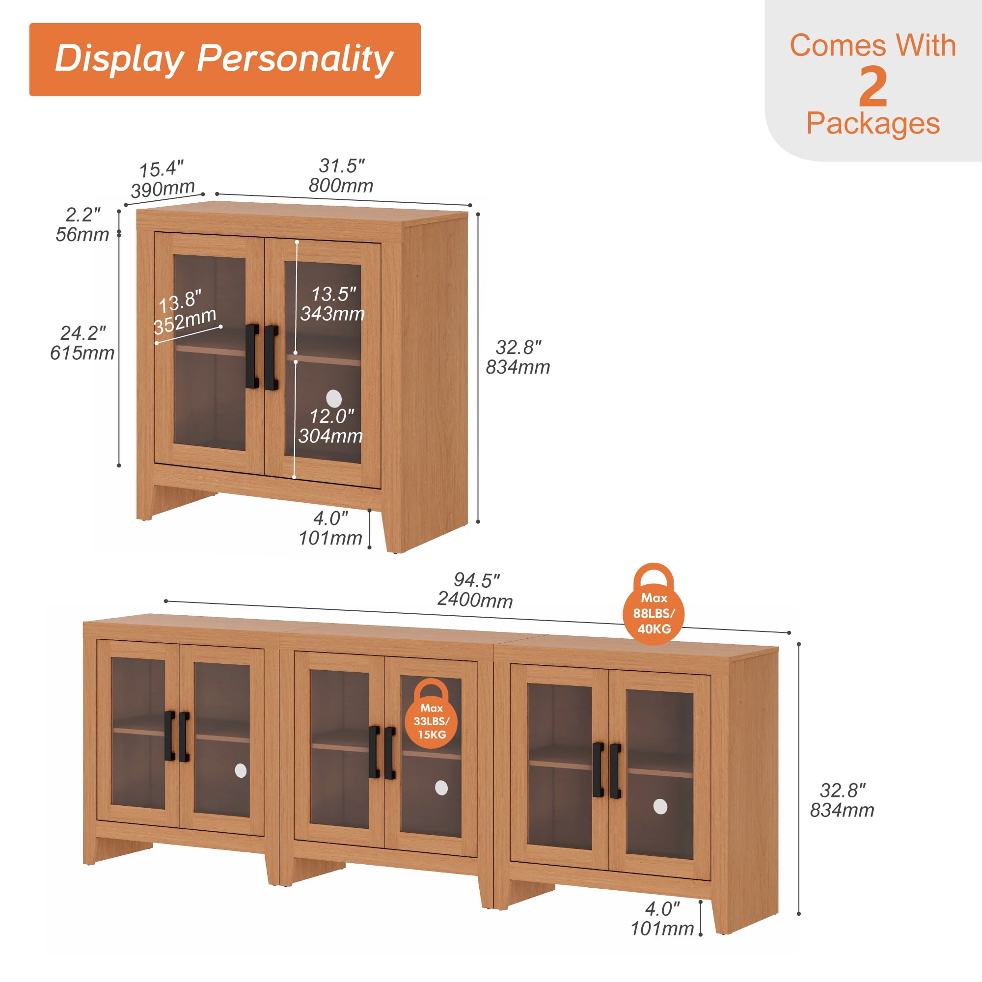 WAMPAT Modern Farmhouse TV Stand up to 100"TV, Entertainment Center with Tempered Glass Doors & Adjustable Shelves, Mocha