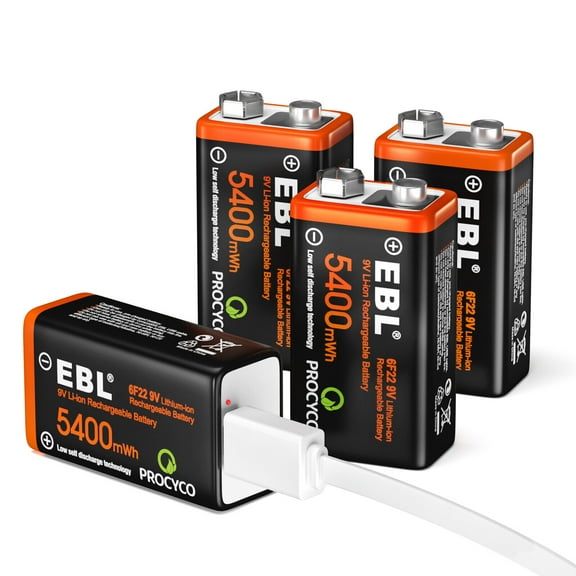 4x EBL 9V Lithium Ion Rechargeable Batteries USB 6F22 9 Volt with Charging Cable