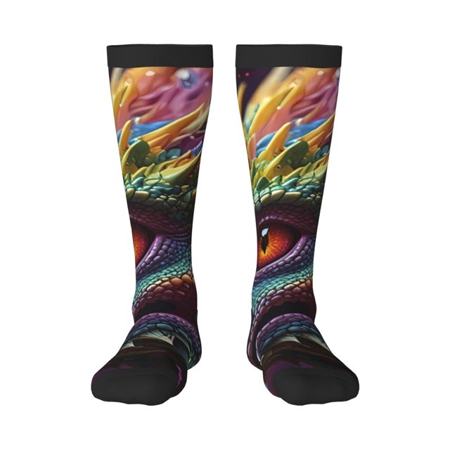 Fotbe Colorful Dragon Head Profile Calcetas Divertidas Estampadas para Hombre y Mujer, Calcetas de Algodón hasta la Rodilla para Caminar, Correr, Enfermería y Embarazo