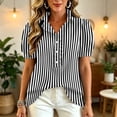 thumbnail image 5 of Womens Striped Pattern Shirts Short Sleeve Button Ruffle Stand Collar Shirt Puff Tighten Cuffs Fashion Top Summer Dressy Casual Loose Tops S Black, 5 of 5