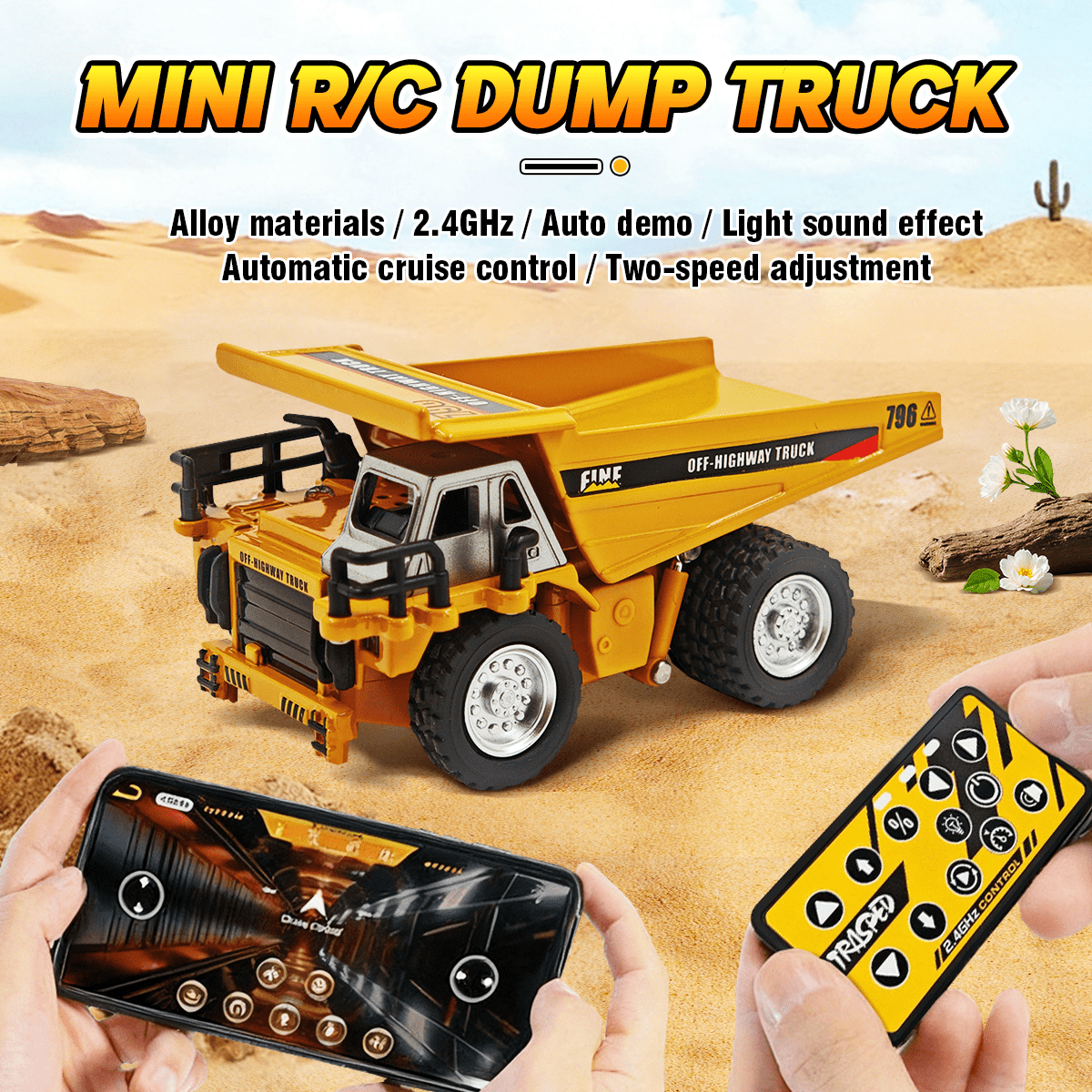 Mini Alloy RC Dump Truck Toys 1:64 Remote Control Car with Adjustment Lights & Sound, APP Control Construction Truck for Kids Adults Gifts