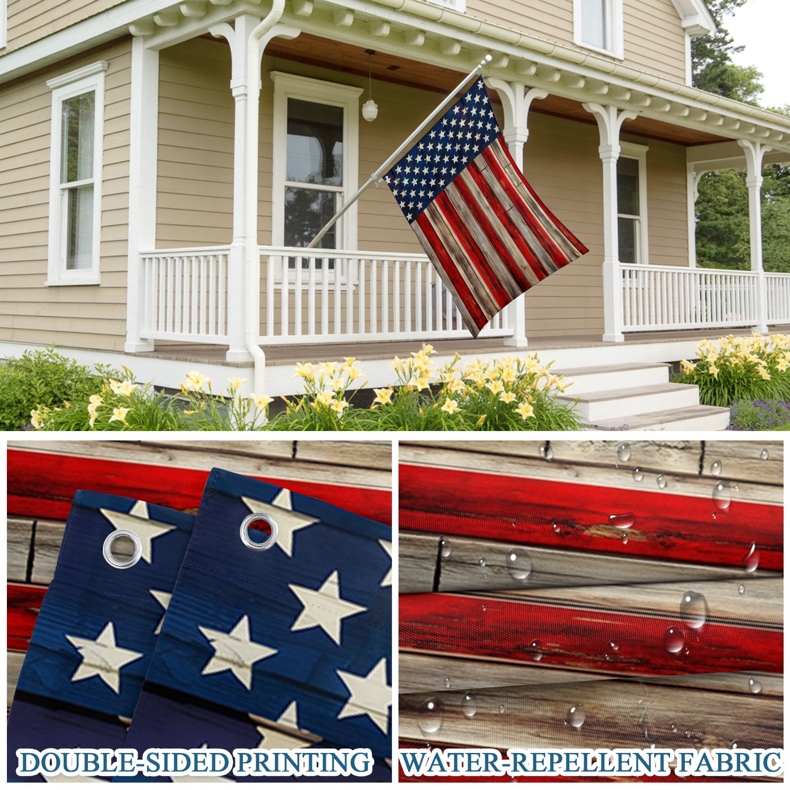 4th of July Flags for Outside 3x5 ft USA Flag Outdoor Flags Double Sided Grommets House Banner Patriotic Stars Stripes Retro Wood Grain Patio Yard Flag for Outdoor Party Porch Independence Day