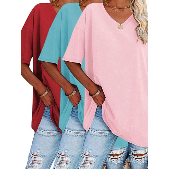 [3-Piece Set] Women'S Plus Size Casual Sport T-Shirts - Loose Fit V Neck Tees, Breathable Mid-Stretch Fabric, Machine Washable For Spring Summer Fall