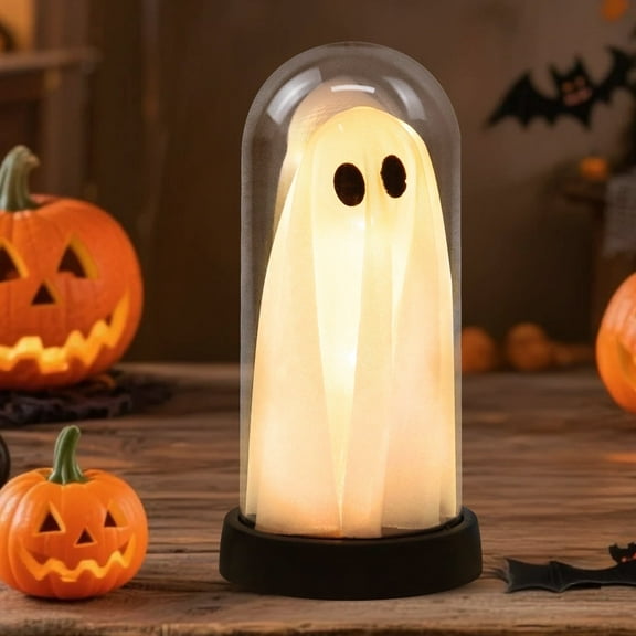 Kabuer Halloween Glass Ghost  Light up Ghost in Glass Cloche for Halloween Indoor Table Fireplace Party Decor,White,7.15inch