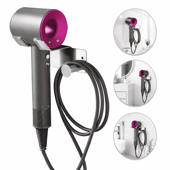 Hair Dryer Holder, Wall Mounted Blow Dryer Holder, Self Adhesive Stainless Steel Hairdryer Hanger with Magnetic Design, Dual Installation Bathroom Storage Organizer
