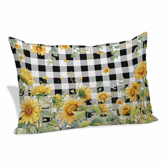 Summer Floral Body Pillow Cover Watercolor Sunflower Eucalyptus Leaves Black Plaid Soft Satin Body Pillowcase with Hidden Zipper Long Pillow Case for Bedroom Sofa Couch Car 16"x24"
