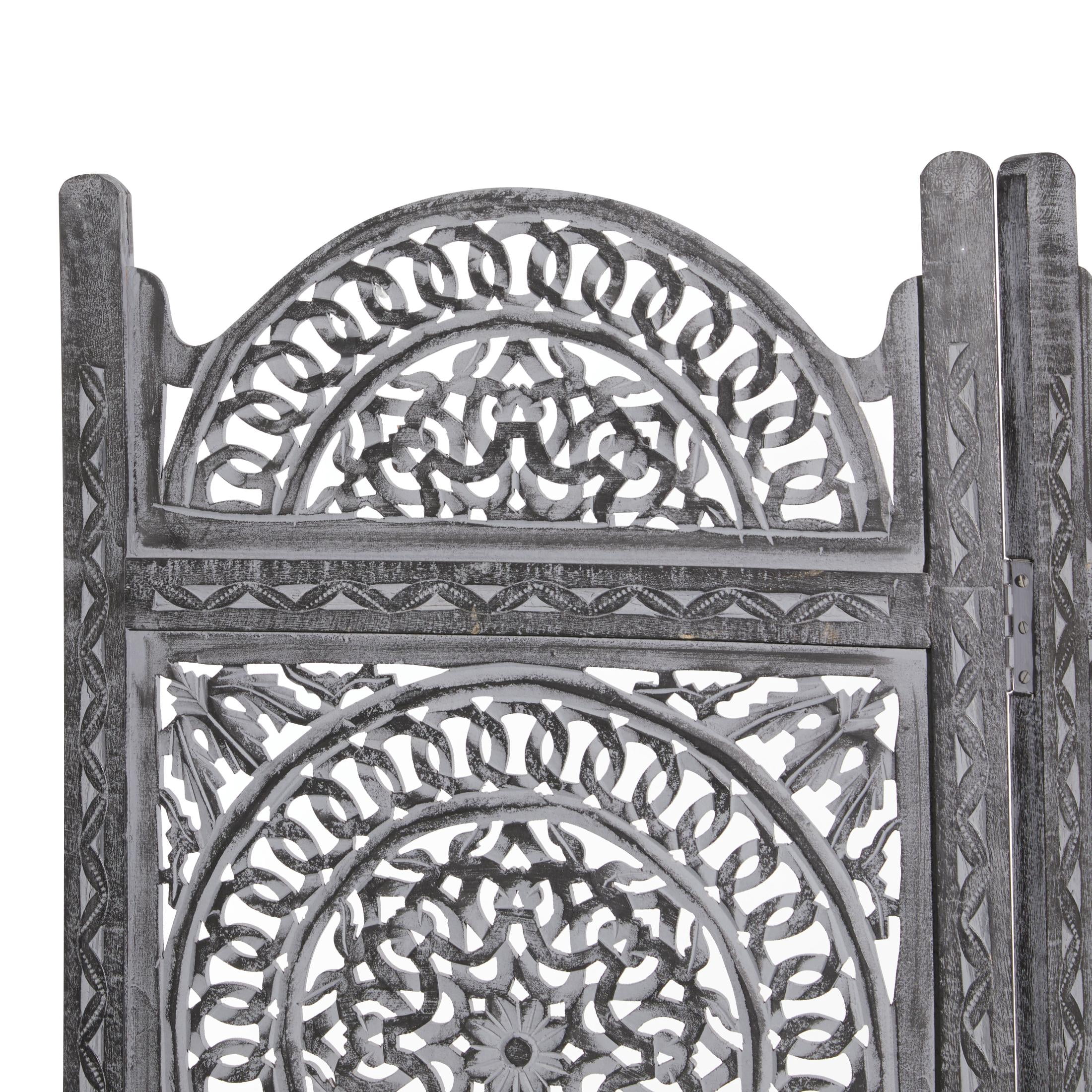 DecMode 60" x 72" Black Wood Floral Handmade Foldable Partition 3 Panel Room Divider Screen with Carved Designs, 1-Piece
