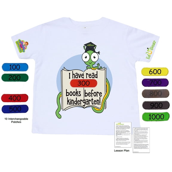Eduwear (Unisex) 1000 Books Before Kindergarten short sleeve T-shirt with Embroidered Velcro Patches (Toddler & Little Girl, Little Boy)