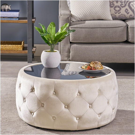 JERFIT Velvet Ottoman with Glass Top, Beige Tufted Footstool Pouf for Living Room, Diamond Stitch Accent Seat with Storage