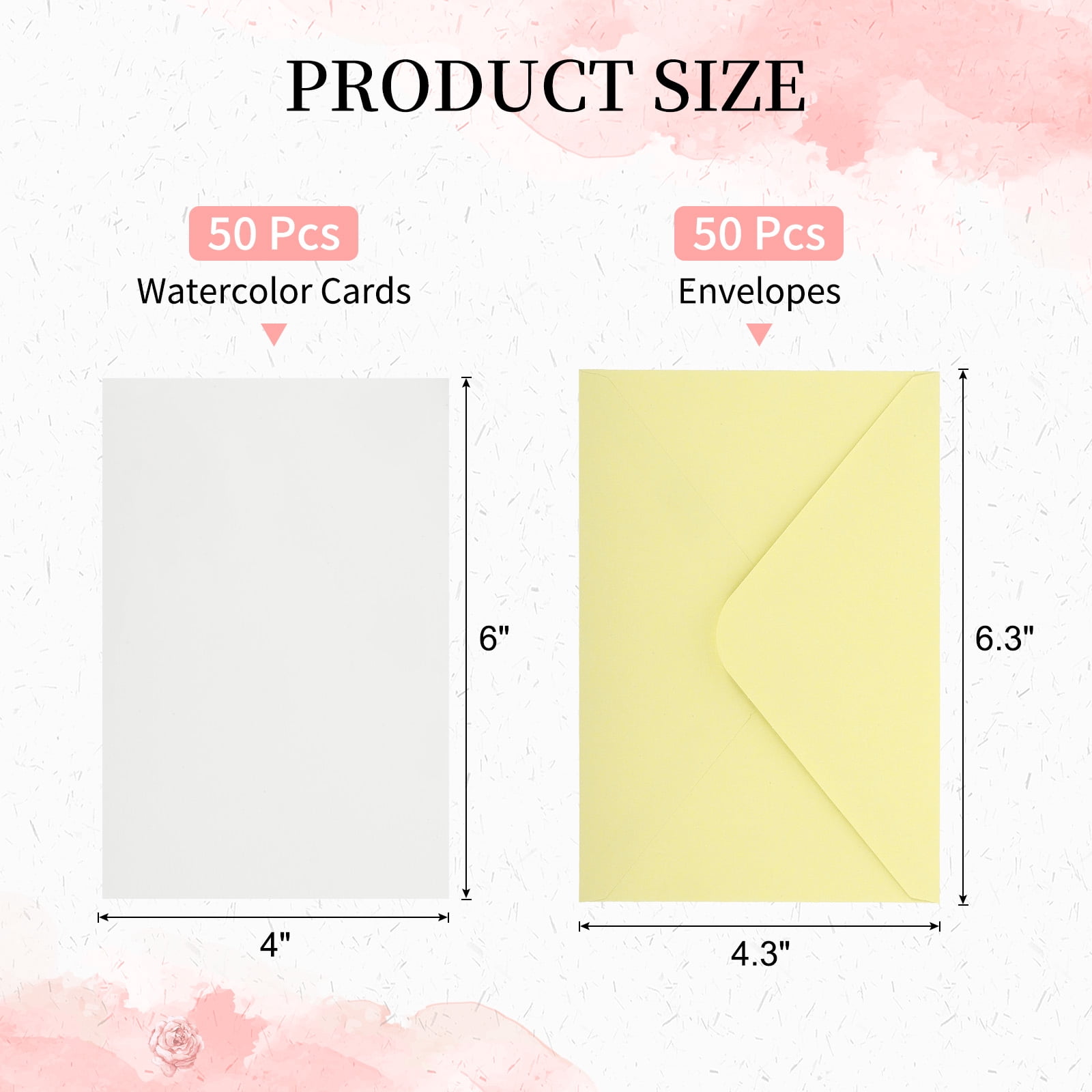 4x6 Inch Pure Cotton Watercolor Cards, 50 Sets Postcards with Envelopes 140lb/300 GSM for Art Painting Creative Thank Notes, Yellow