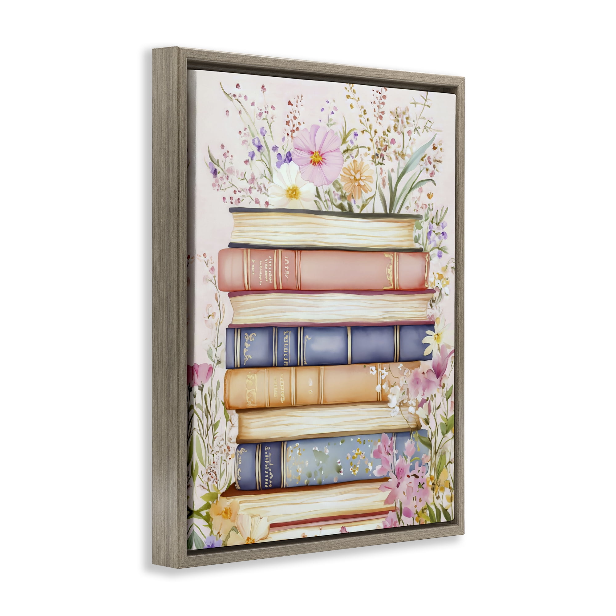 Stupell Industries Blooming Bookstack in Pastels Brown Framed Floater Canvas Wall Art, design by LSR Design Studio