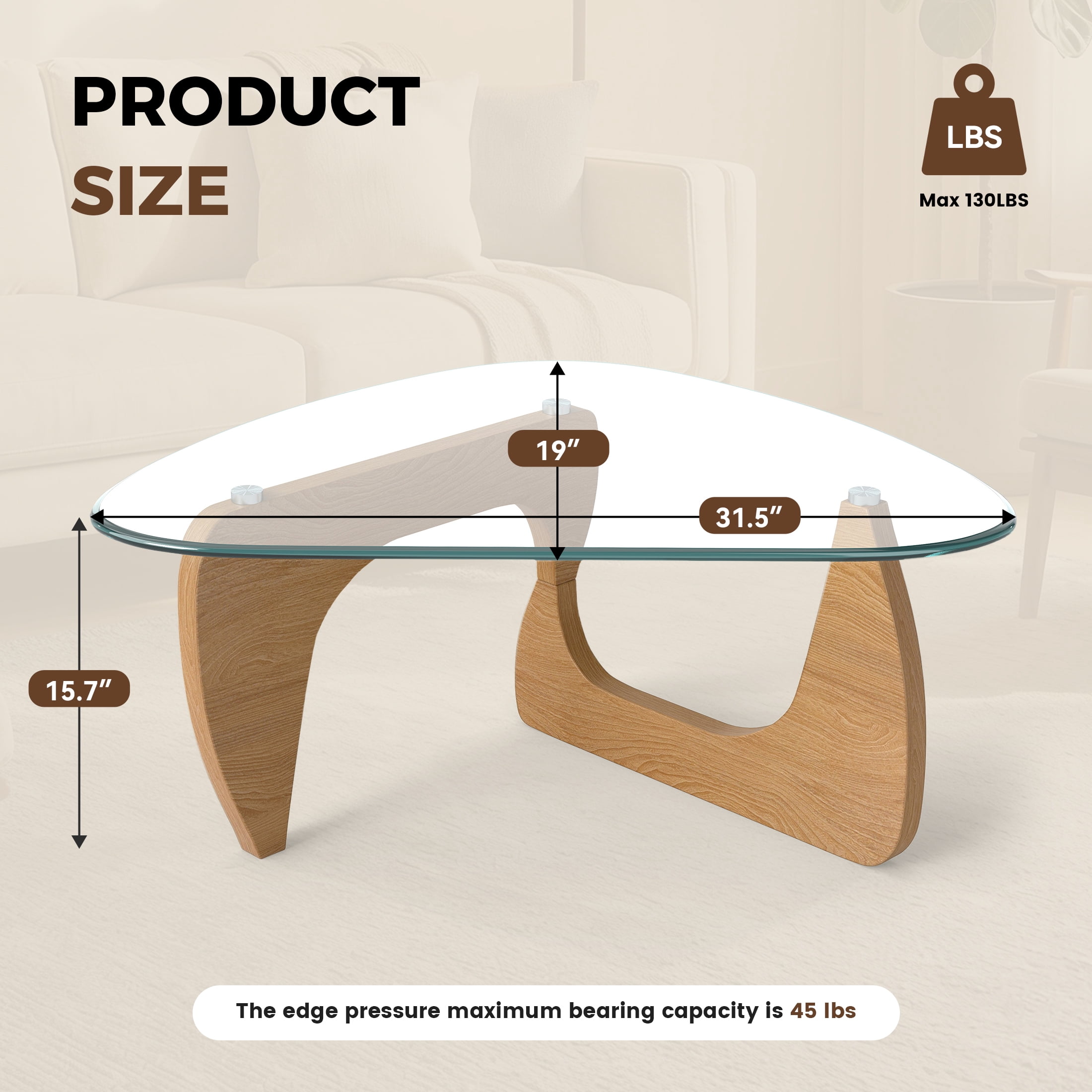 Daluvenix Modern Glass Coffee Table Triangle Coffee Table for Living Room with Glass Top and Wood Base