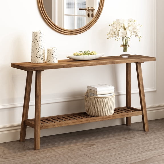 Narrow Solid Wood Entryway Table with Storage Shelf, Slim Console Table Behind Couch for Living Room Bathroom