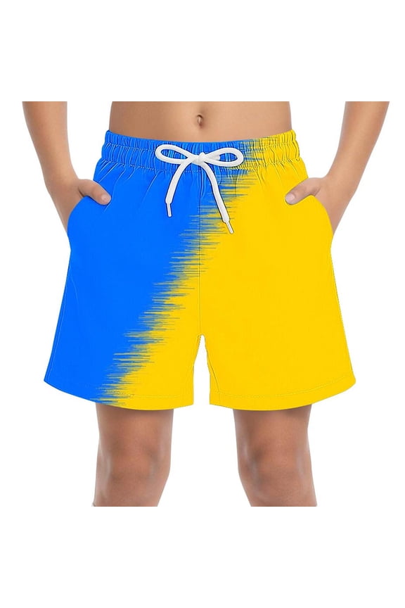 Boys Yellow Quick Dry Athletic Shorts Gradient Color Block with Pockets Elastic Waistband,Size 4-5T
