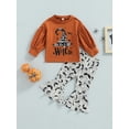 thumbnail image 2 of DcoolMoogl Toddler Baby Girl Halloween Outfit  Witch Hat Long Sleeve Sweatshirt Tops Bat Spider Web Flared Pants Halloween Clothes Set Dark Orange 4-5 Years, 2 of 7