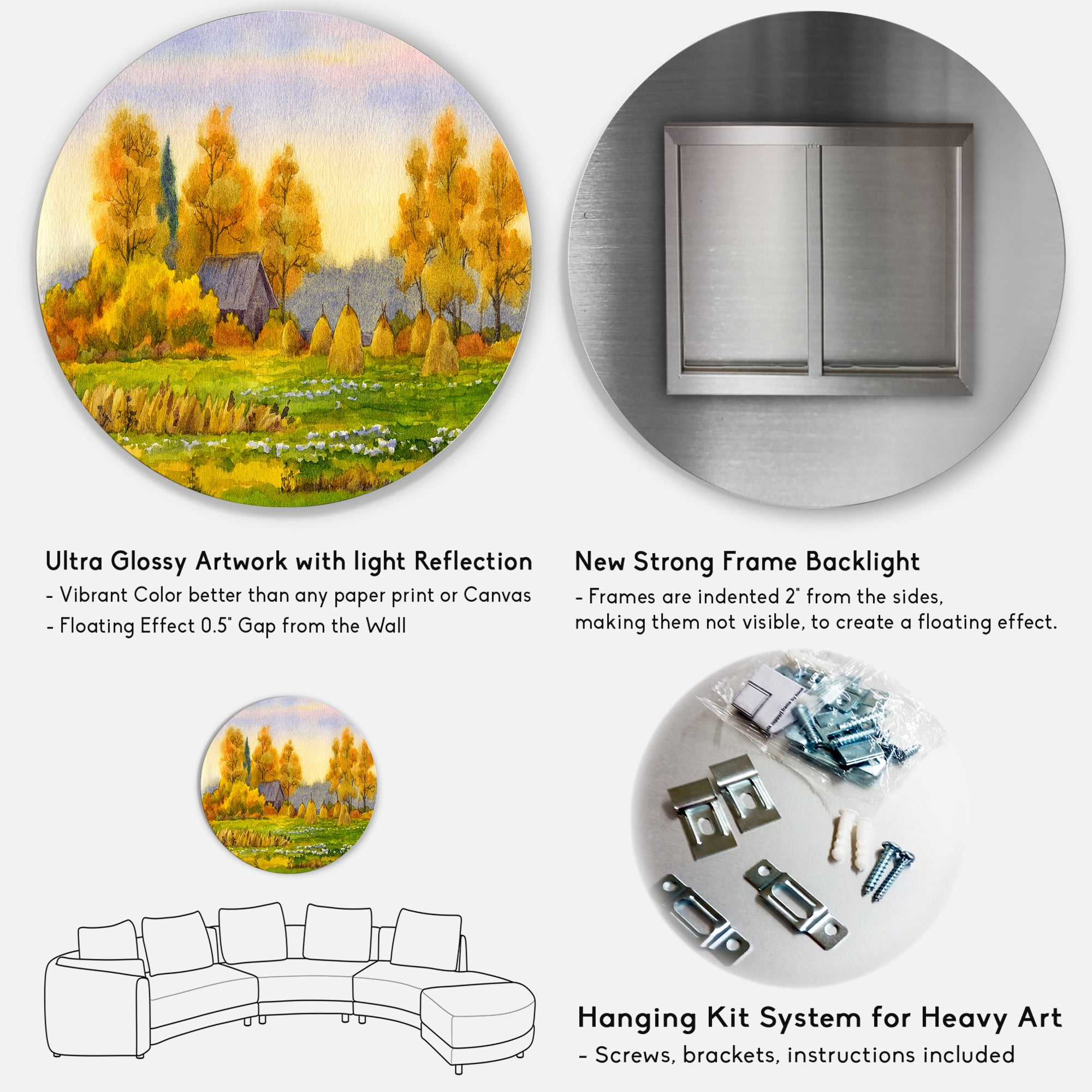 Designart 'Orange Fields With Haystacks II' Lake House Circle Metal Wall Art 11x11 - Disc of 11