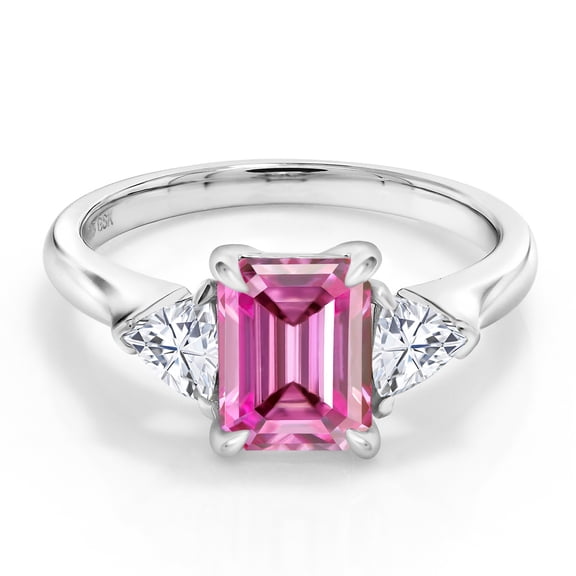 Gem Stone King 925 Sterling Silver 3-Stone Ring Set with Octagon Pink Moissanite and Moissanite (2.07 Cttw, Size 6)