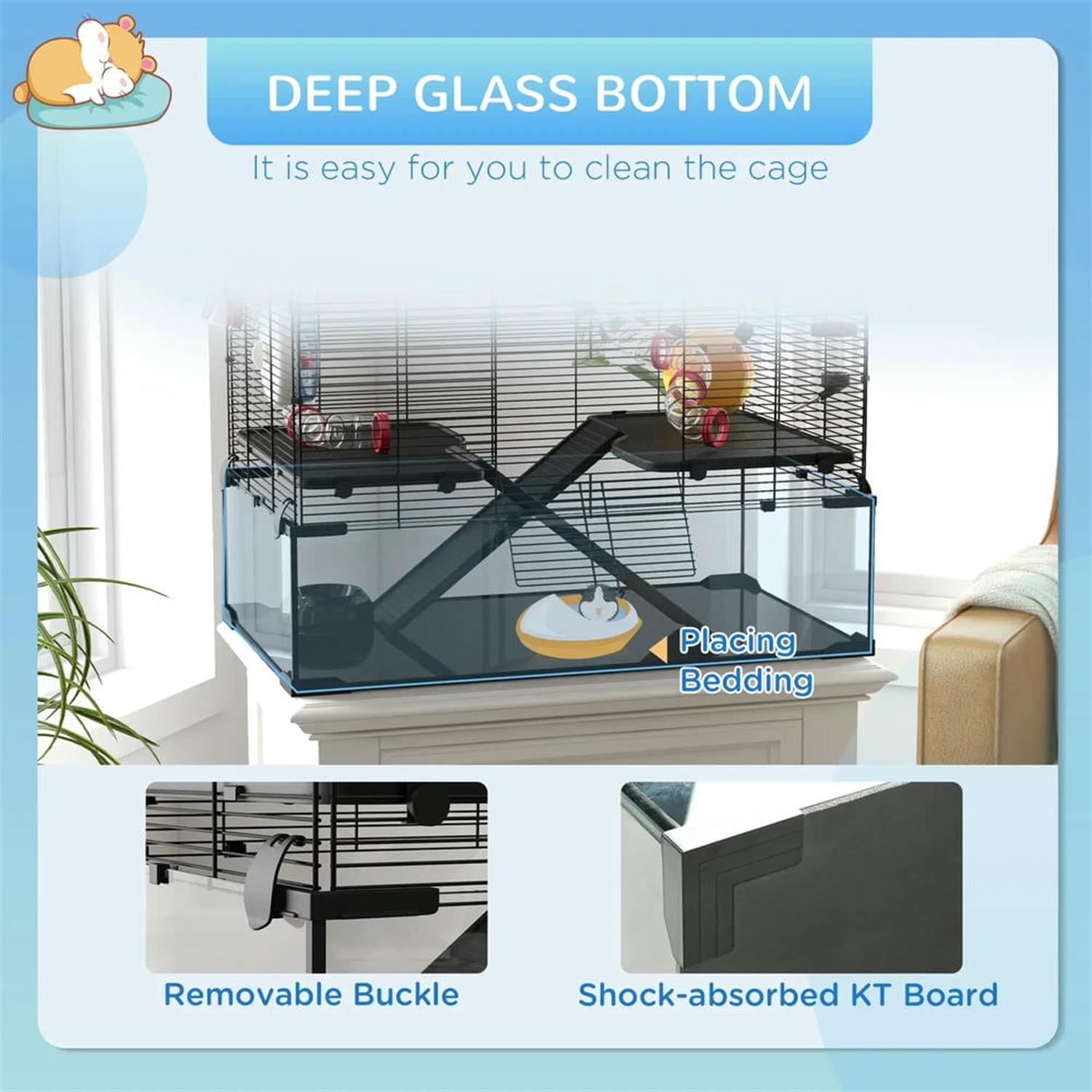 Kadyn 31" Hamster Cage, Gerbil Cage with Glass Basin, Tube and Tunnel for Small Hamsters, 2 Levels Small Animal Habitats, Black