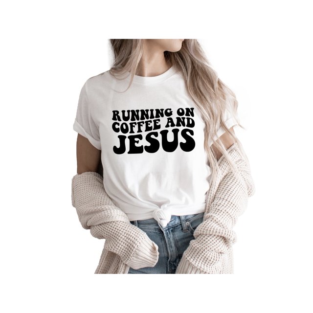 Running On Coffee And Jesus Cute Gift for Christian Funny Graphic Tee Faith Shirts Casual Short Sleeve Tee Tops