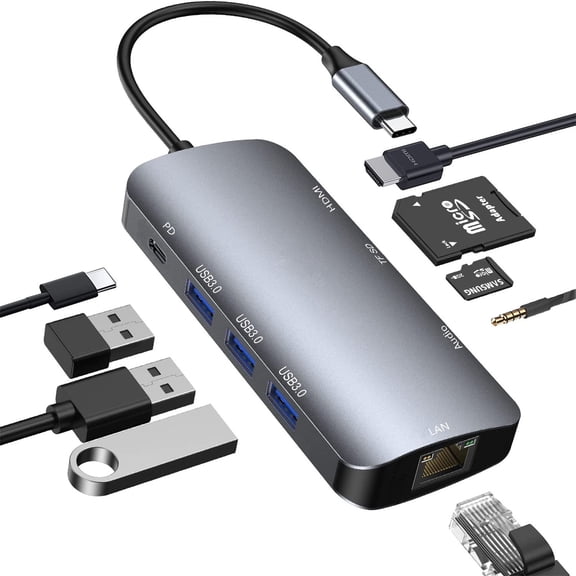 USB C Hub Ethernet, 9 in 1 Multiport USB C to HDMI Adapter 4K@60Hz,1000Mbps, 100W PD, SD/TF Card Reader, 3 USB 3.0 Ports, Docking Station Compatible for Laptops & Computers, Phone, Type C Devices