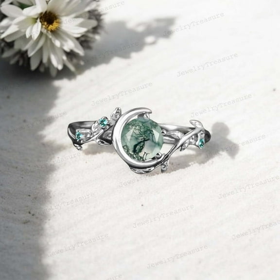 JEWELRYTREASURE 5 mm / 0.8 CT Natural Moss Agate Ring 925 Sterling Silver Ring Nature Inspired Emerald Leaf Ring Customized Jewelry Gift for Women