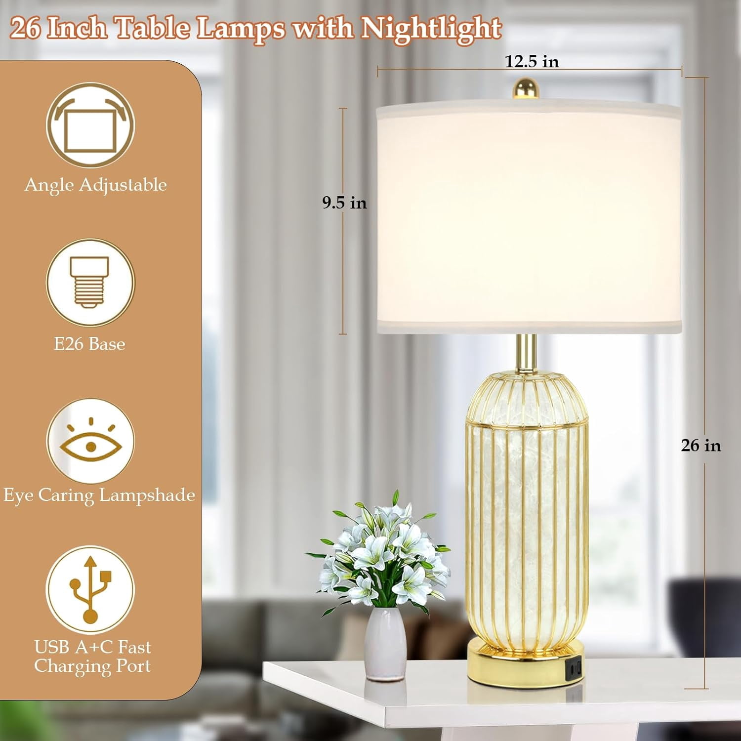 Nordic Hygge Gold Table Lamps Set of 2, Capiz Shell