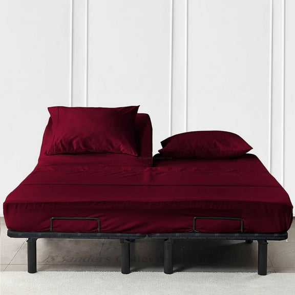 Js sanders 600 Tc Top Split Head King Sheet Set for Adjustable beds - Sleep Number Flex Sheets - 32" Split Top 100% Sheets - Cotton Sheet Set - Burgundy - 15 inch Deep pocket