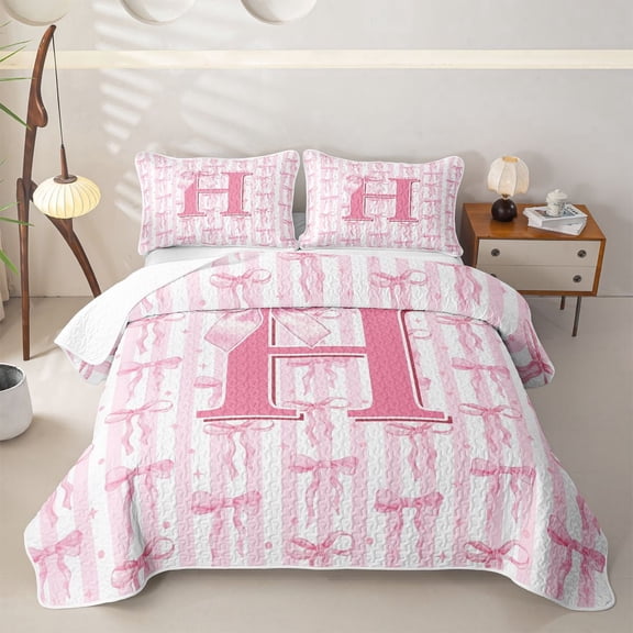 Meiyoeat Girly Bow Letter Twin Quilt Set for Girls Adults,Cute Stripe Twin Coverlet Set,Light Pink White