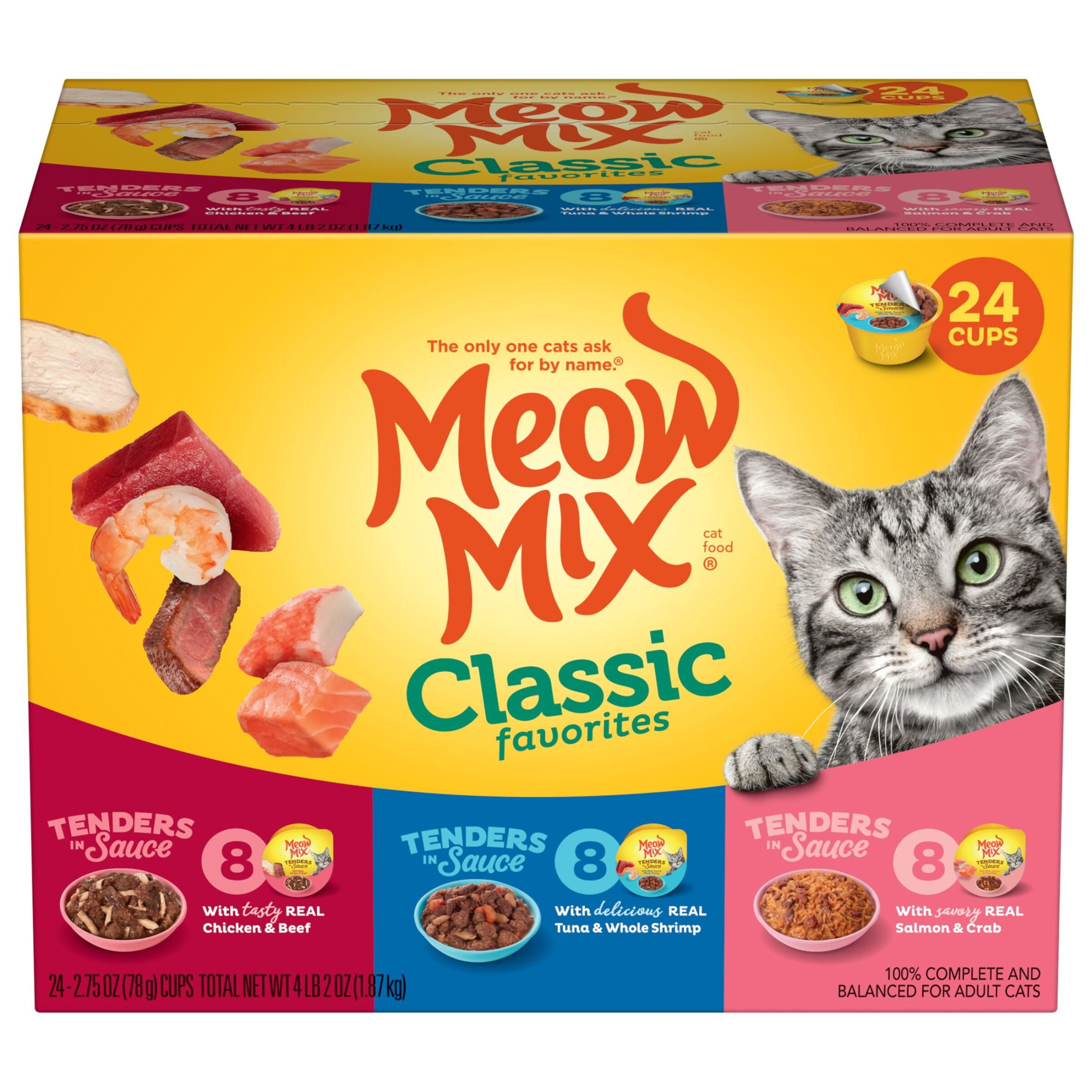 (2 pack) Meow Mix Tenders in Sauce Wet Cat Food Variety Pack, Classic Favorites, 24 Cups, 2.75 oz Each