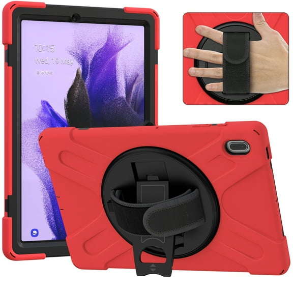 TOP SHE Case for Samsung Galaxy Tab S7 FE 5G (12.4", T730), Galaxy Tab S7 Plus Case (12.4 Inch, T970) - Multiple Protection Plastic/Silicone Shockproof Hard Cover with Stand /Hand Strap (Red)