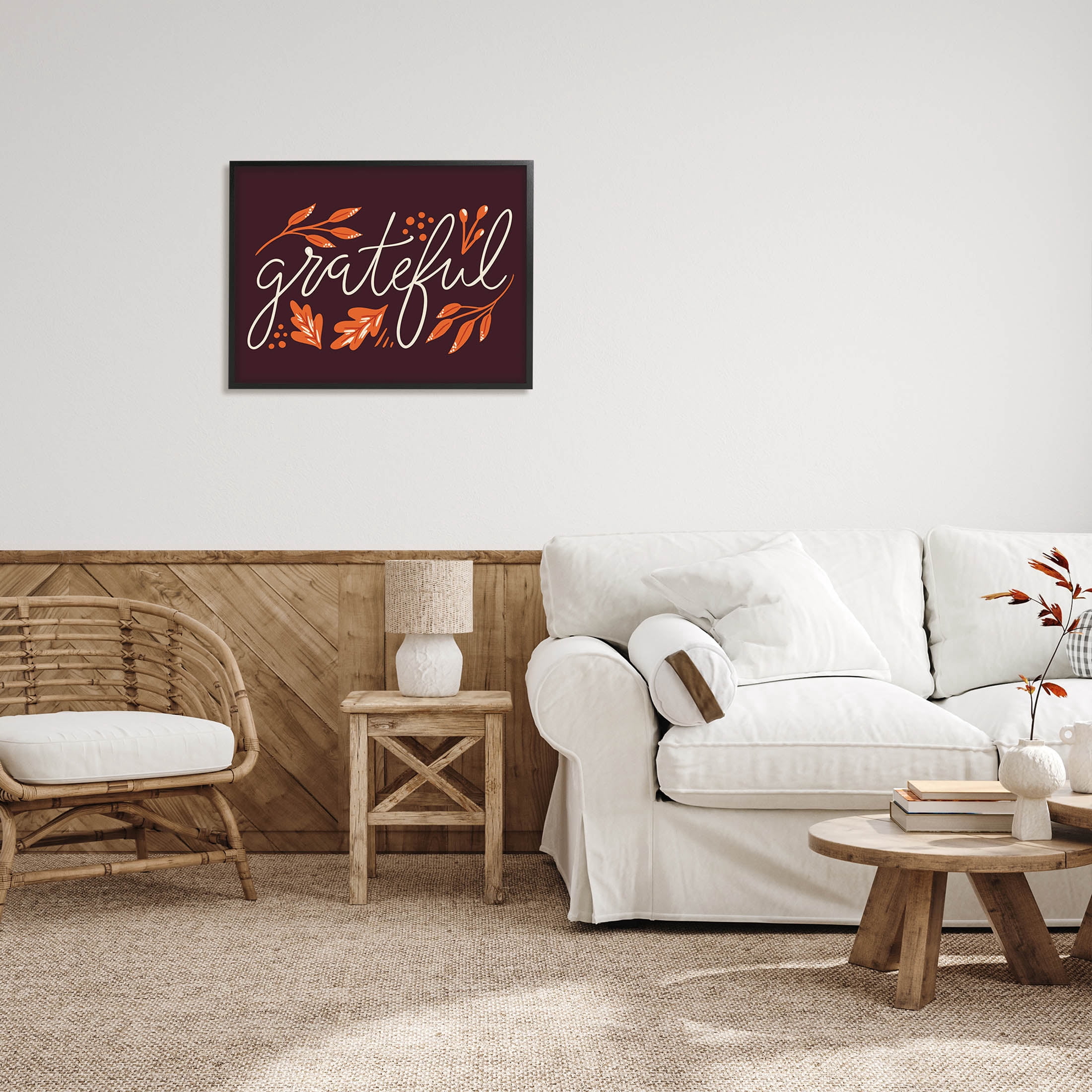 Grateful Autumnal Leaves Phrase Holiday Graphic Art Black Framed Art Print Wall Art