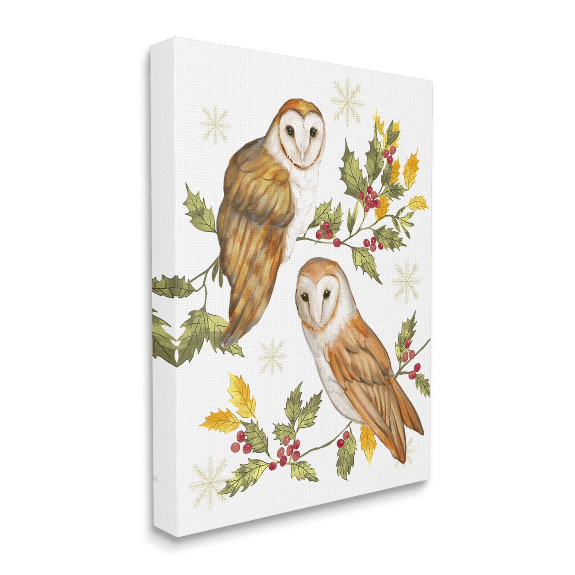 Peaceful Barn Owl Perched Holly Berry Sprigs Animals & Insects Painting Gallery-Wrapped Canvas Print Wall Art