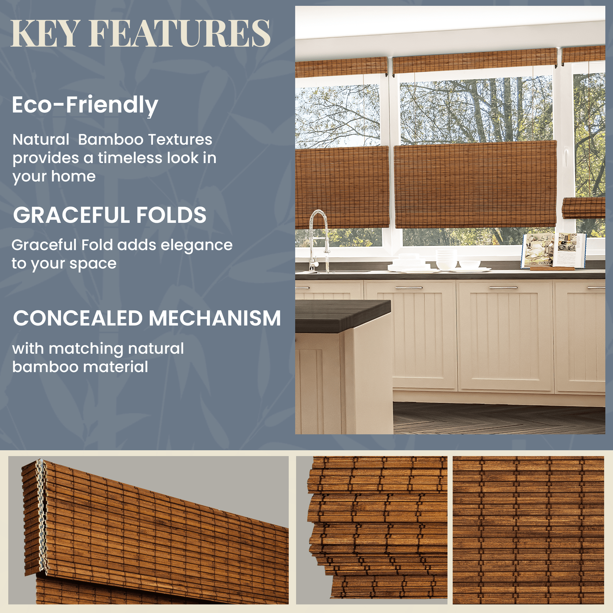 Natural Woven Top Down Bottom Up Cordless Bamboo Roman Shades for Windows, 41 in. W x 72 in. L, Frost