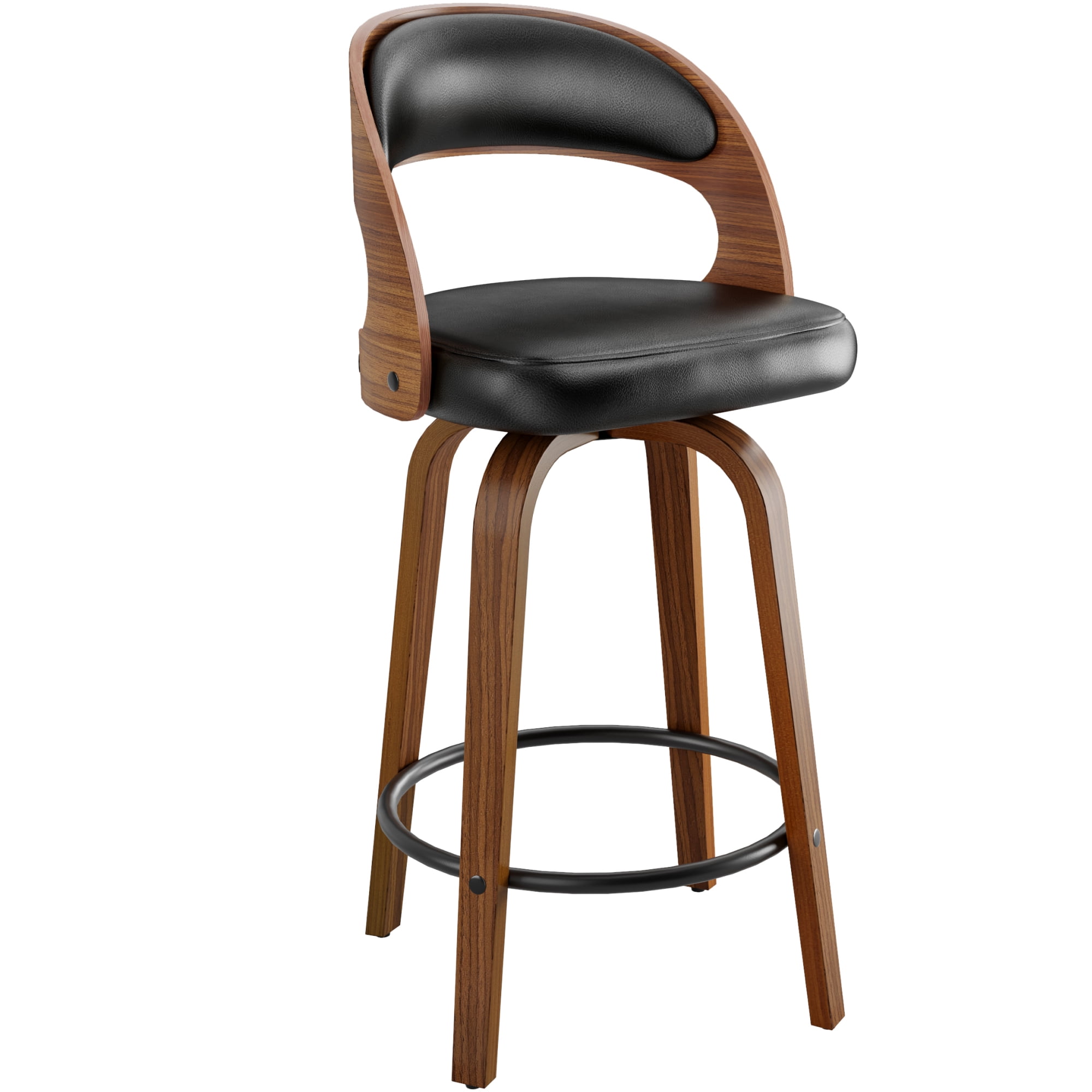 SUNCOZE Bar Stools Set of 2, 26 Inch Counter Height Modern Swivel Bar Chairs with PU Leather Upholstery and Solid Wood Legs, for Kitchen Island or Home Bar, Black