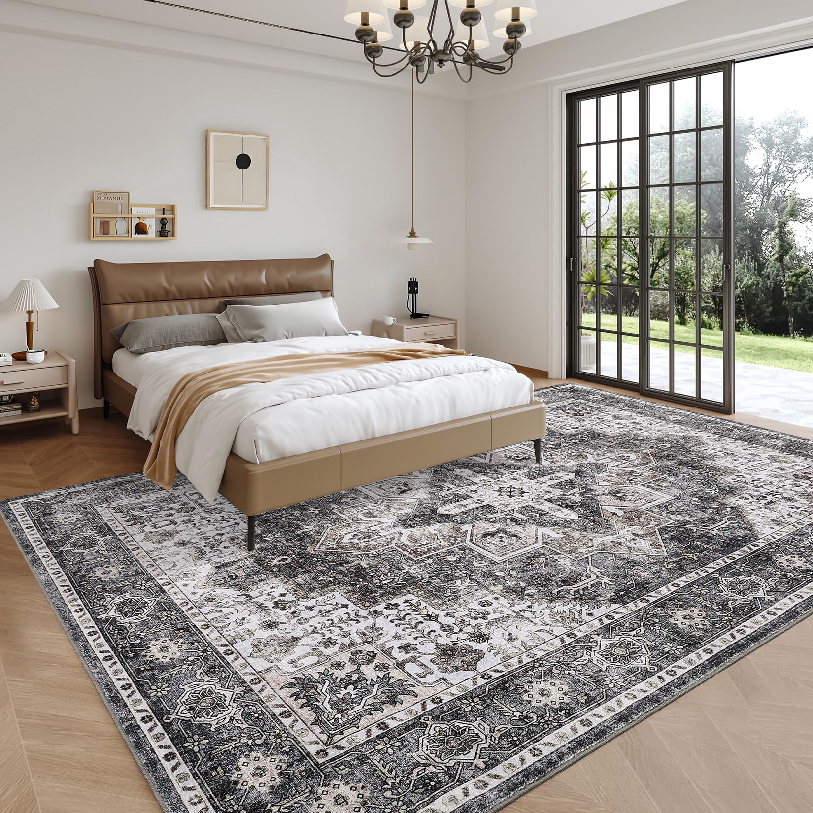 FairOnly 5'x7'Vintage Distressed Floral Machine Washable Area Rug for Bedroom Non Slip Low Pile Floor Cover for Dinning Room Kitchen Living Room,Camel