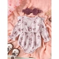thumbnail image 3 of Bslissey Baby Girls Corduroy Romper Infant Girl Flower Print Long Sleeve Bow Ruffle Jumpsuit with Headband Newborn Casual Cute Bodysuit for Spring Fall 3M 6M 9M 12M 18M, 3 of 7