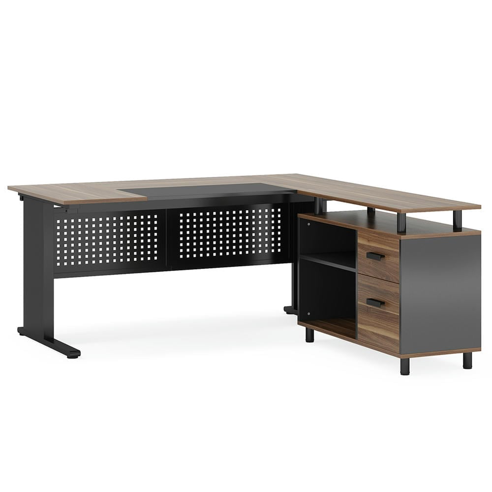 YYAo Gaming Desk, Computer Desk,Industrial L-Shaped Desk, 63" Computer Executive Desk with File Cabinet,Beige & Black