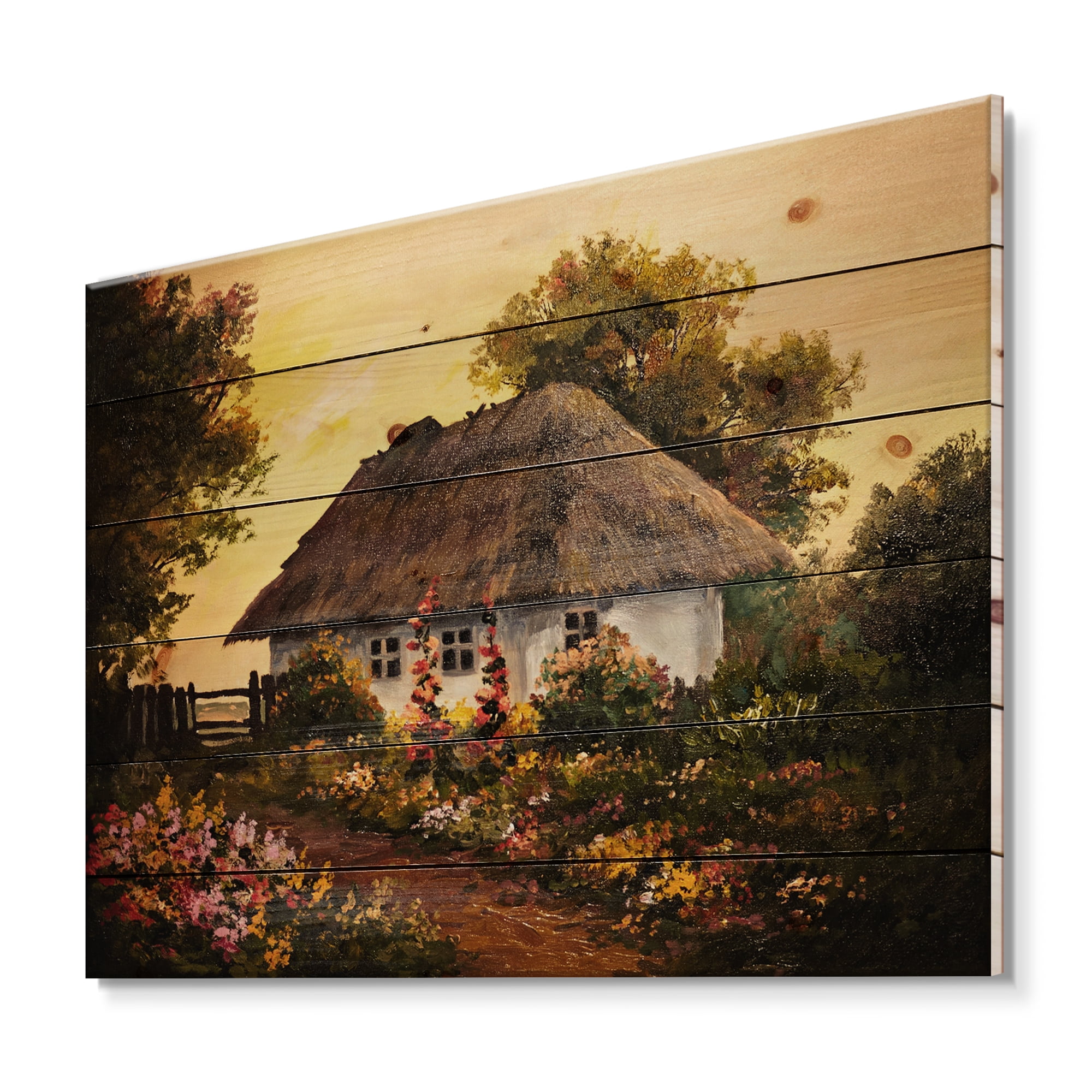 Designart 'Traditional Cottage At Sunset In Autumn Flowers' Traditional Print on Natural Pine Wood