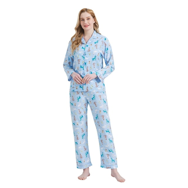 GLOBAL Conjunto de Pijama y Ropa de Descanso de Algodón para Mujer, Top de Manga Larga con Botones y Pantalones con Cintura Elástica y Cordón, Pijamas Suaves y Cómodos de Largo Completo para Mujer, P
