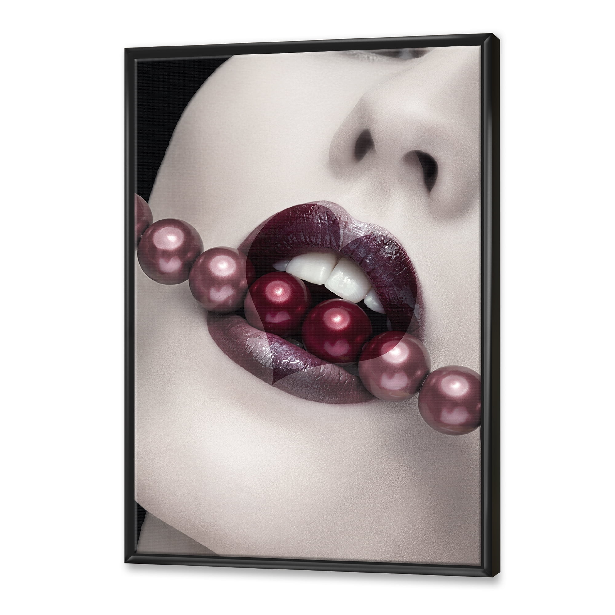 Designart 'Pearls Through Mouth With Heart Shape Lips' Modern Framed Canvas Wall Art Print