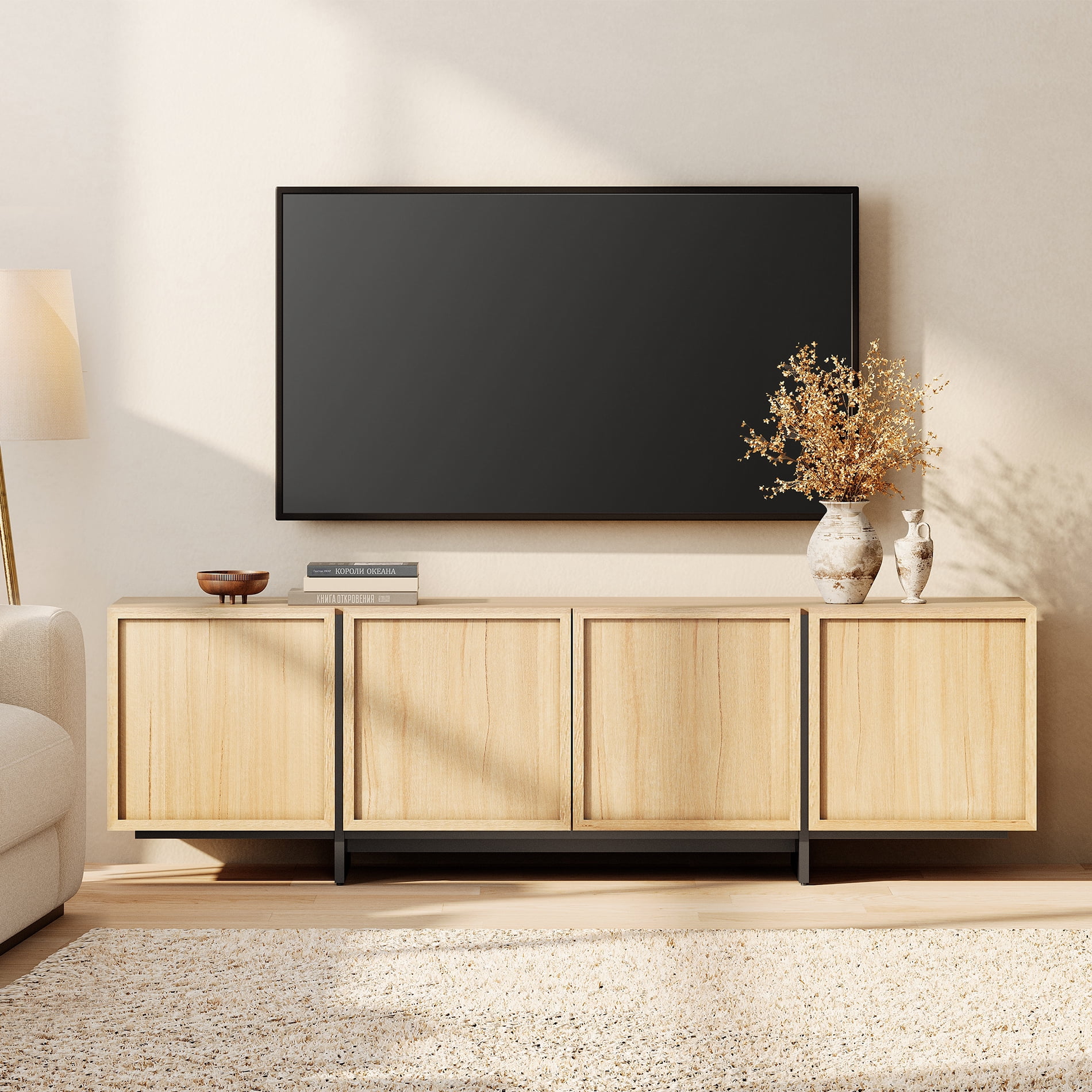 WAMPAT Modern TV Stand - Media Console Table for 32-75 inch TVs, Wood Entertainment Center with Storage Cabinets for Living Room，Oak