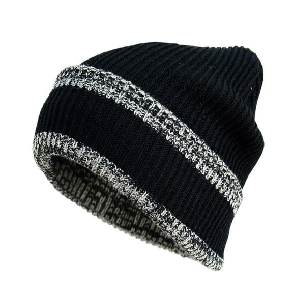 Black with 2 Gray Line Plush Fleece Lined Men's Cap -Heavy Duty Winter Outdoor Beanie Hat