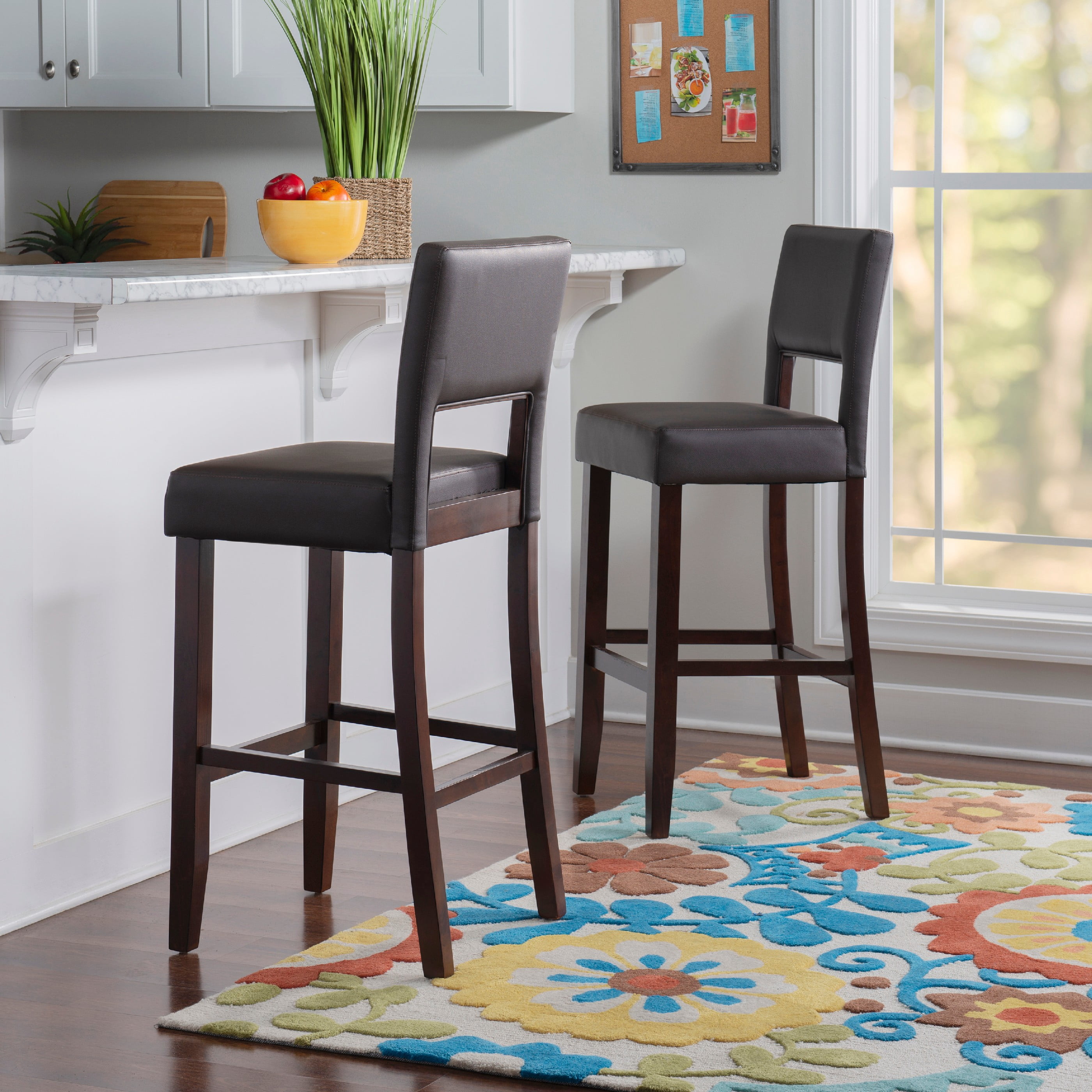 Linon Vega 30" Full Back Wood Bar Stool, Dark Brown Faux Leather